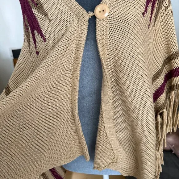 Beige Knit Fringe Poncho With Wooden Button Closure & Burgundy Stripes By Lovely - Picture 5 of 7